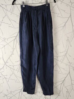 Fenn Wright Manson Navy 100% Silk Pleated Front Tapered Pants